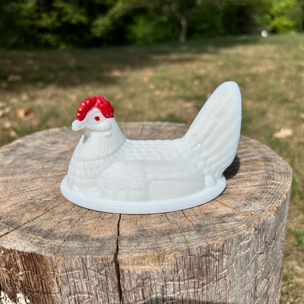 Vintage Milk Glass Hen on Nest Lid Only 5" White Red Farmhouse Decor